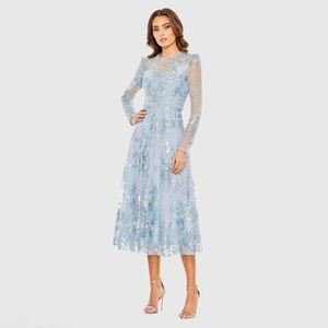 MAC DUGGAL 68020 Blue Embellished Illusion Long Sleeve Midi Dress Sz 18 $698